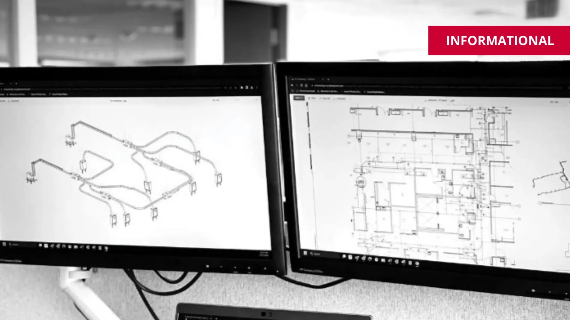 two computer screens showing schematic design of pneumatic tube system